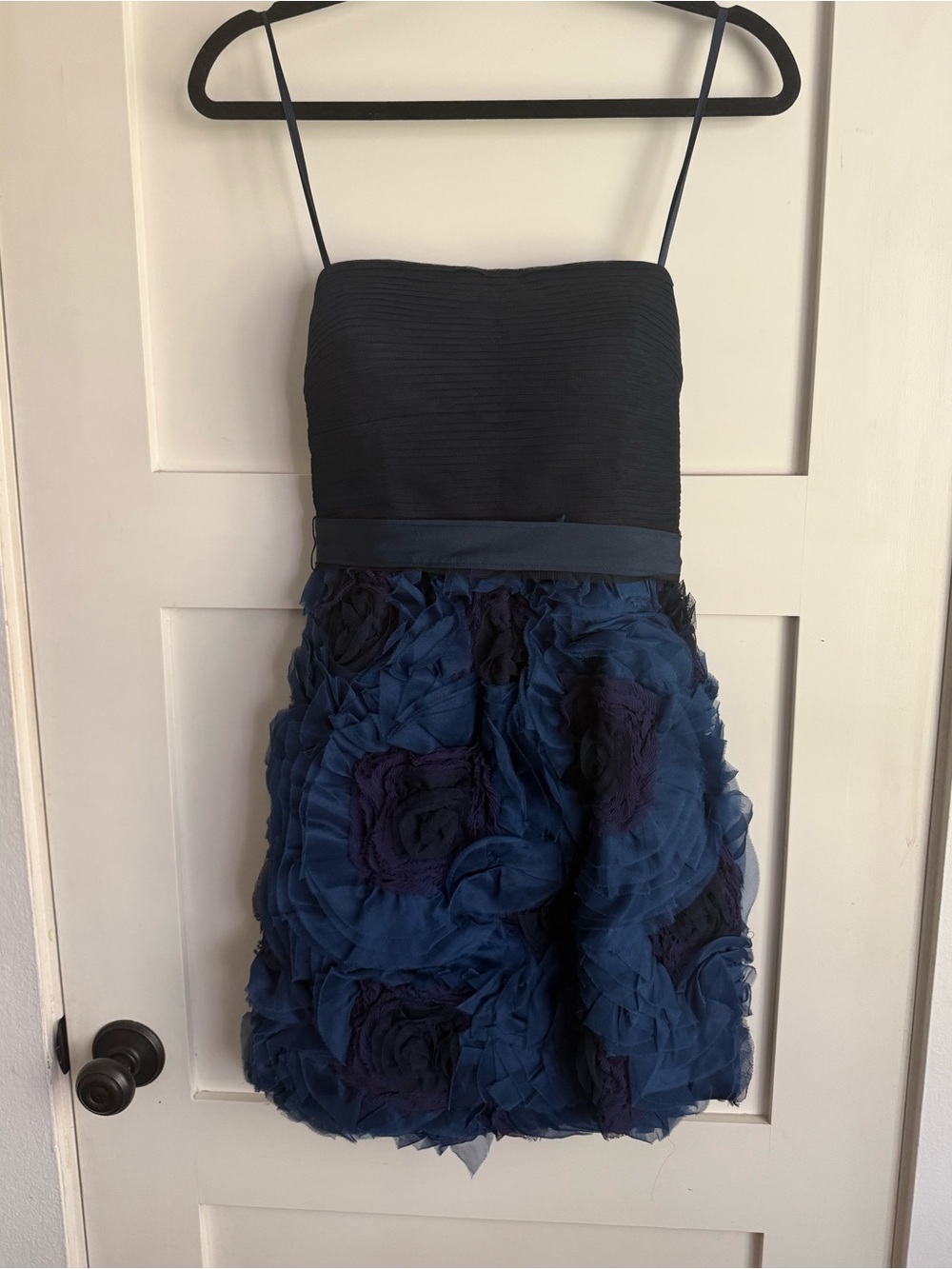 BCBG MaxAzria Blue Organza Rosette Pleated Cocktail Dress